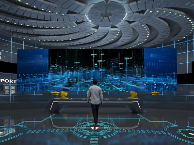 Futuristic Control Room with Man at Console Data Streams Illuminated Floor and Spiral Ceiling 3d model