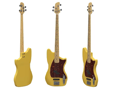 Three Yellow Electric Bass Guitars Display Different Angles Musical Instruments 3d model