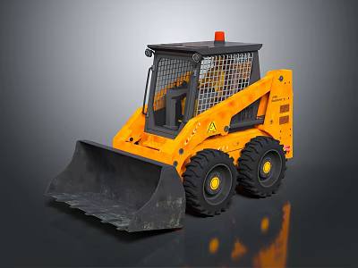 Yellow Skid Steer Loader With Front Bucket Black Cab And Large Wheels 3d model