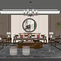 Modern Chinese Living Room Interior With Round Decorative Painting Chandelier Sofa Coffee Table And Plants
