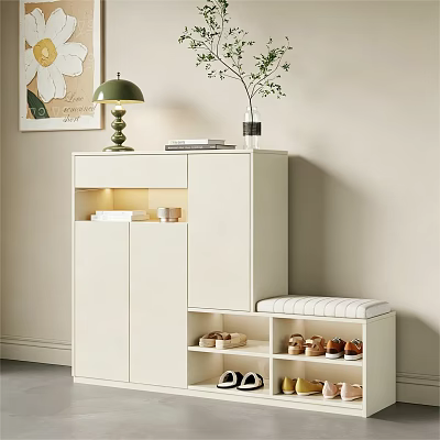 Modern White Shoe Cabinet With LED Lighting Storage Compartments Open Shelves And Bench 3d model