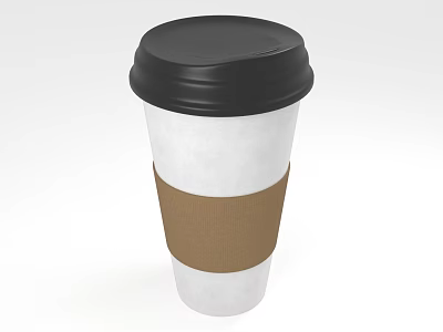 Disposable White Paper Coffee Cup With Black Lid And Brown Sleeve 3d model