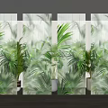 Transparent Glass Room Divider With Tropical Leaf Pattern And Green Plants 3d model