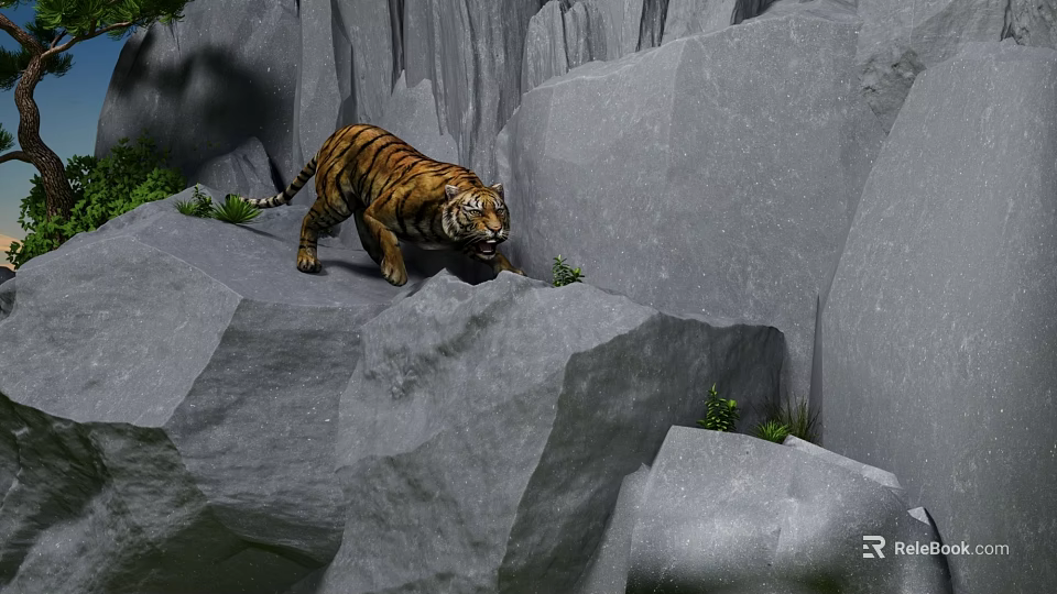 Tranquil Garden Landscape With Rocky Outcrops And Lush Green Vegetation 3d model 