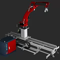 Red Industrial Robot Arm Equipment With Control Box Mounted On White Manufacturing Workbench