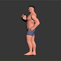 Shirtless Muscular Man In Blue Shorts Holding Black Kettlebell 3D Model On Gray Background