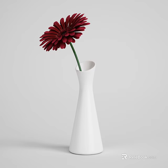 Modern Decorative White Vase Holding Single Red Flower On Gray Background 3d model 