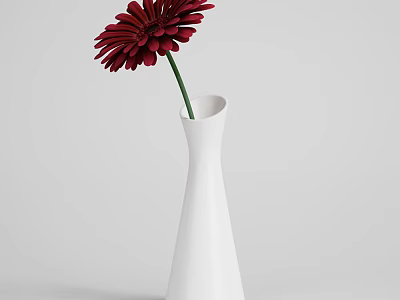 Modern Decorative White Vase Holding Single Red Flower On Gray Background 3d model