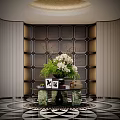 Elegant Hotel Lobby Interior With Decorative Flower Arrangement Geometric Wall And Ornate Floor Design