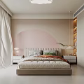 Modern Bedroom Interior Featuring Beige Bed Brown Blanket Round Mirror And Window Plant