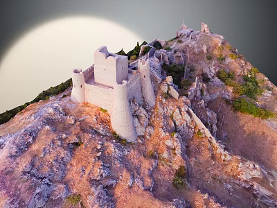 Scenic View Of Ancient Castle On Rocky Hill Under Bright Full Moon 3d model