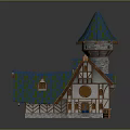 Cartoon Fairy Tale House Scene with Tower Blue Green Roof Wooden Structure and Stone Walls