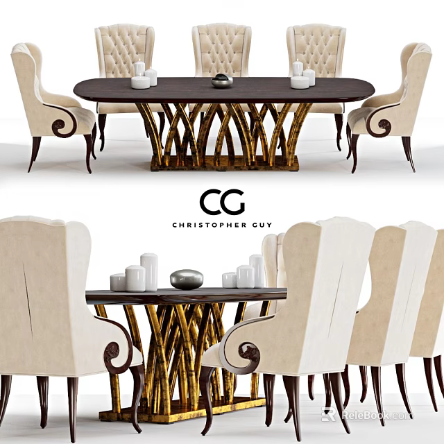 Christopher Guy Dining Table Set With Beige Armchairs Gold Curved Legs And Candles 3d model 