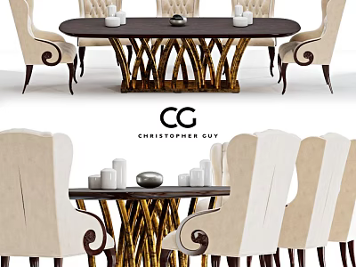Christopher Guy Dining Table Set With Beige Armchairs Gold Curved Legs And Candles 3d model