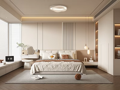 Modern Bedroom Interior With Bed Headboard Pillows Large Window Wardrobe Wooden Floor And Rug 3d model