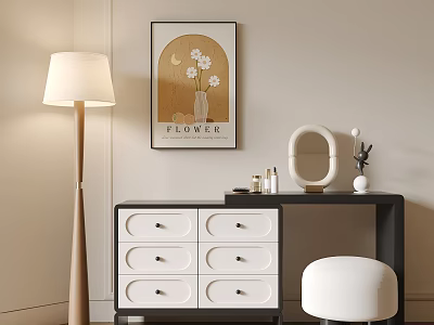 Modern Minimalist Dressing Table With Floor Lamp Floral Painting Round Mirror White Stool And Drawers 3d model