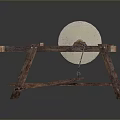 Traditional Stone Mill on Wooden Stand with Grinding Wheel and Vintage Design