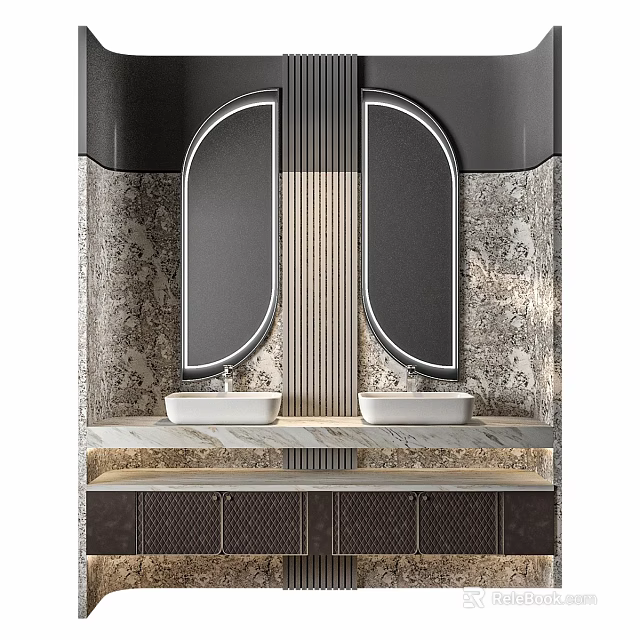 Elegant Modern Bathroom Vanity With Double Sinks Marble Countertop And Wall Mirrors 3d model