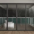 Black Frame Glass Sliding Doors Connecting Indoor And Balcony With Tree View