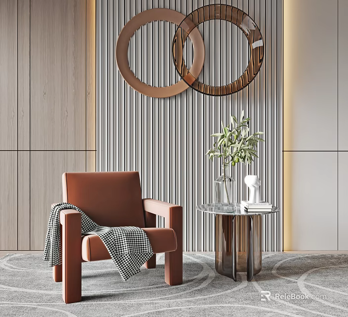 Brown Single Sofa with Gray Throw Blanket Glass Table and Potted Plant by Striped Wall 3d model 