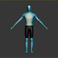Game Movie Character With Blue Skin Bioluminescent Patterns And Black Shorts