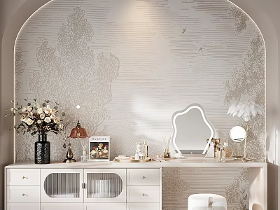 White Vanity Table with Patterned Arched Wall Mirror Vase Photo Frame and Decorative Items 3d model