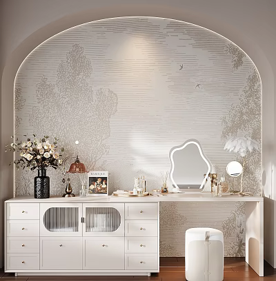White Vanity Table with Patterned Arched Wall Mirror Vase Photo Frame and Decorative Items 3d model