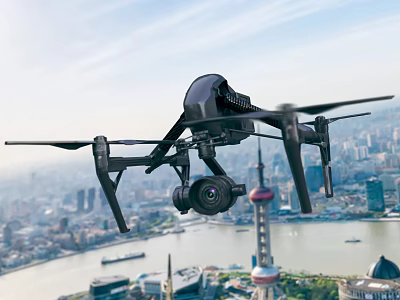 Intelligent Drone Flying Over City Skyline With Camera For Aerial View 3d model