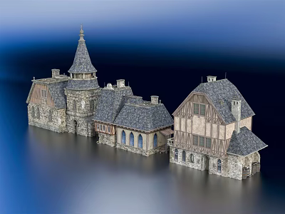 Ancient Architecture Design Featuring Steeple Stone Walls Timber Frames And Sloped Roofs 3d model