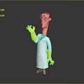 Cartoon Scientist Character Waving Hand With Yellow Gloves And Friendly Creature