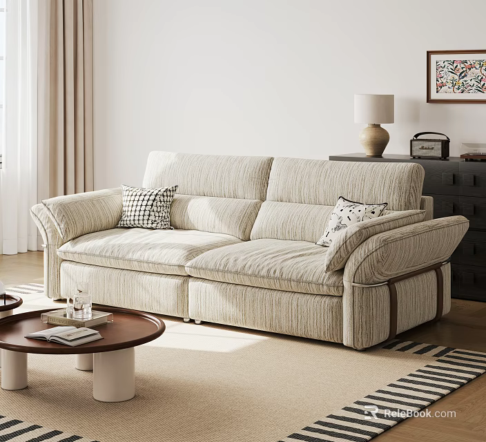 Beige Striped Two Seater Sofa With Cushions And Wooden Coffee Table In Living Room 3d model 