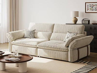 Beige Striped Two Seater Sofa With Cushions And Wooden Coffee Table In Living Room 3d model