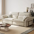Beige Striped Two Seater Sofa With Cushions And Wooden Coffee Table In Living Room