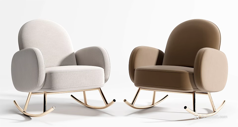 Modern Comfortable Upholstered Leisure Rocking Chairs Light Beige And Brown With Gold Metal Base 3d model 