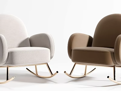 Modern Comfortable Upholstered Leisure Rocking Chairs Light Beige And Brown With Gold Metal Base 3d model