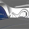 Modern Exhibition Hall With Curved Design Blue Digital Screen White Interior And Large Windows