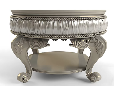 Ornate Silver Round Table With Rope Trim Pleated Design Carved Legs And Lower Shelf 3d model