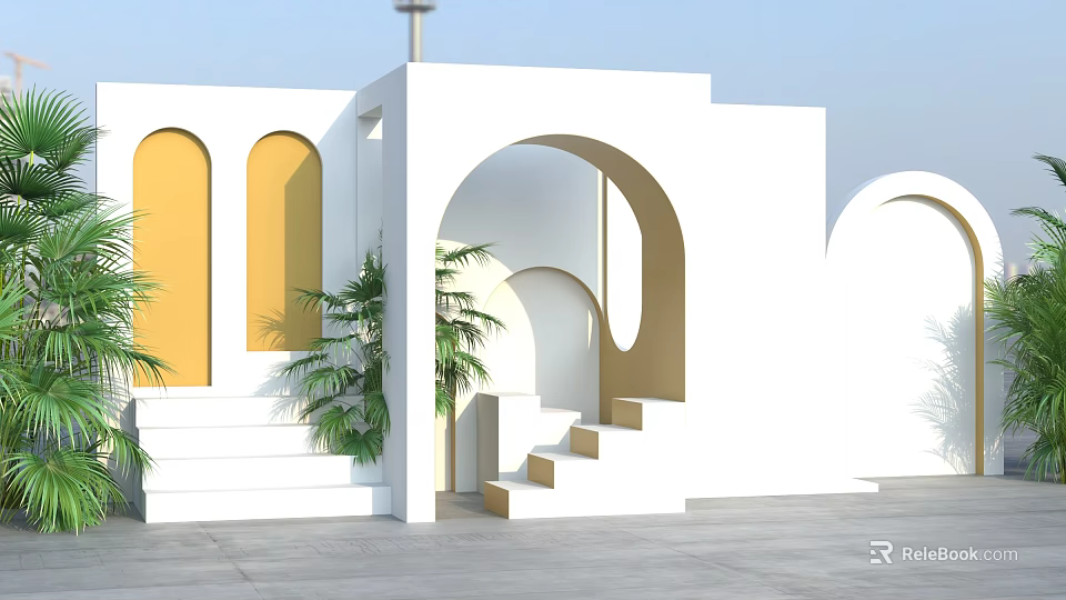 Modern White Building Exterior With Arch Windows Yellow Walls Green Plants And Steps 3d model 