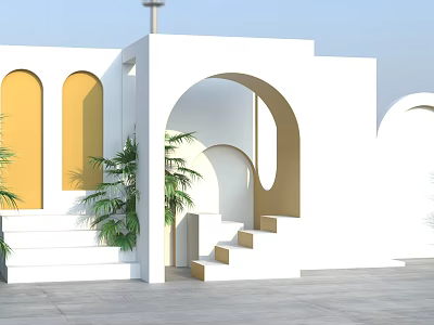 Modern White Building Exterior With Arch Windows Yellow Walls Green Plants And Steps 3d model