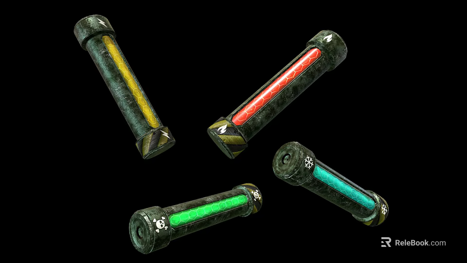 Glowing Cylindrical Artifacts With Yellow Red Green Luminous Bands And Ornate Bases 3d model 