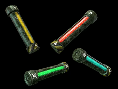 Glowing Cylindrical Artifacts With Yellow Red Green Luminous Bands And Ornate Bases 3d model