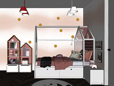 Cute Kids Bed Bedroom Interior With House Shaped Shelves Yellow Dots And Red Pendant Lights 3d model
