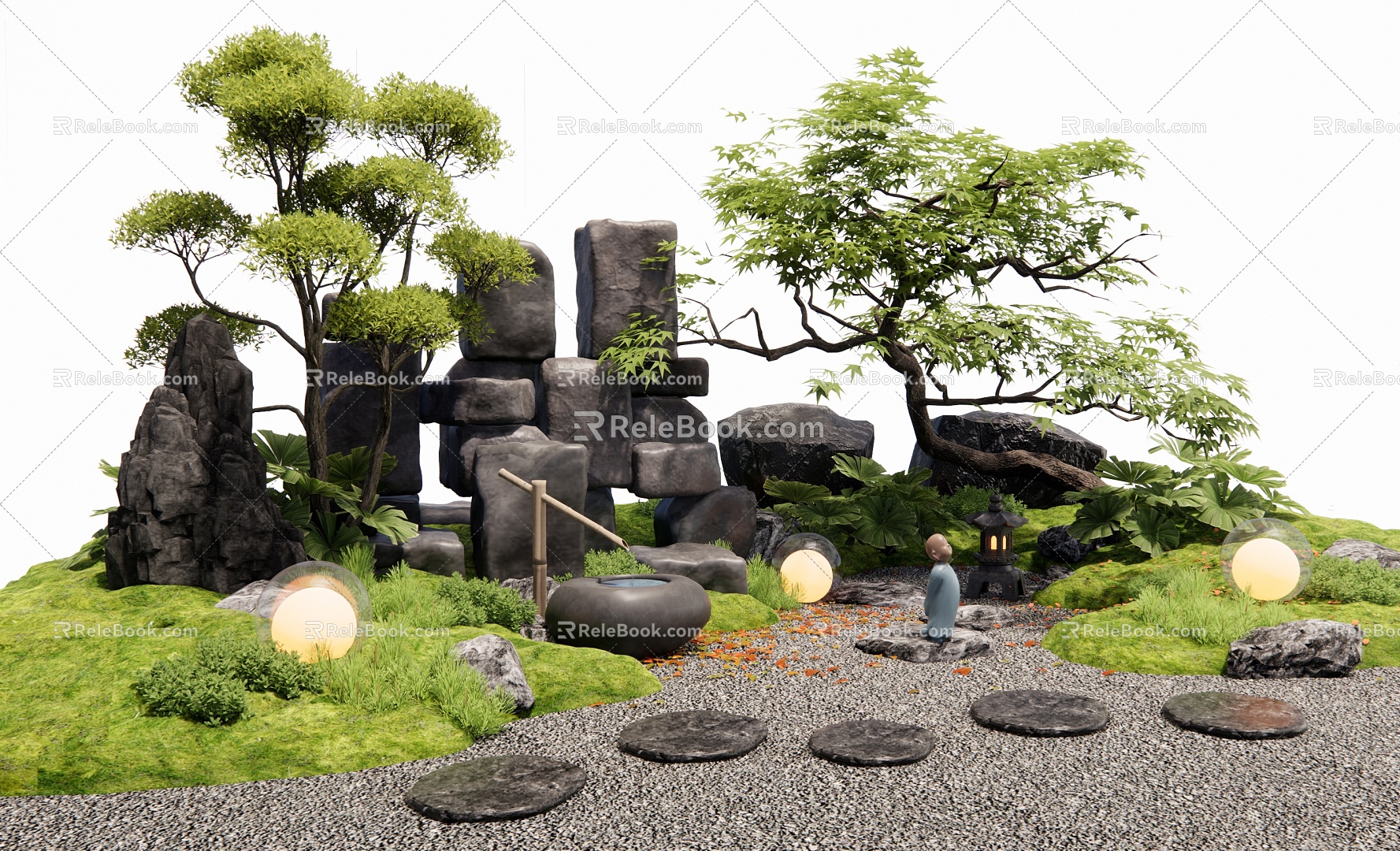 Japanese-style landscape stone Tingbu stone block stone micro-terrain Zen courtyard landscape rockery stone stacked stone landscape tree plant landscape 3d model