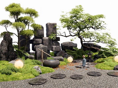 Japanese-style landscape stone Tingbu stone block stone micro-terrain Zen courtyard landscape rockery stone stacked stone landscape tree plant landscape 3d model