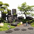 Japanese-style landscape stone Tingbu stone block stone micro-terrain Zen courtyard landscape rockery stone stacked stone landscape tree plant landscape 3d model