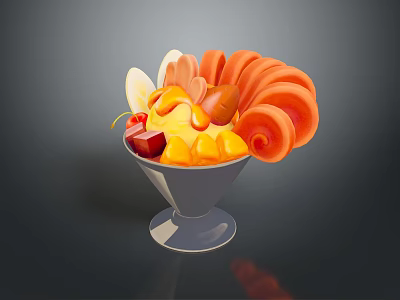 Delicious Fresh Fruit Dessert in Glass Bowl with Orange Rolls Yellow Chunks and Cherry 3d model