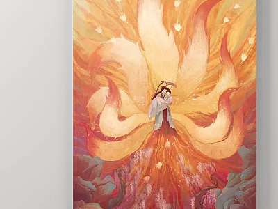 Abstract Painting Featuring Flame Like Colors Central Figure Flowing Lines And Mythological Inspired Warm Tones 3d model