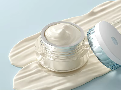 Luxury Facial Cream Glass Jar with Creamy Texture Transparent Lid and Soft Blue Background 3d model