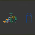 Outdoor Playground Setup With Green Slide Climbing Frame Pink Swings And Blue Poles