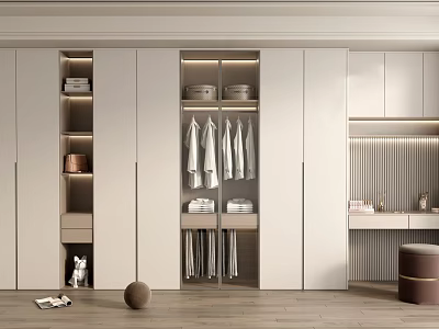 Modern Wardrobe Interior Design With LED Lighting Hanging Rods And Storage Compartments 3d model